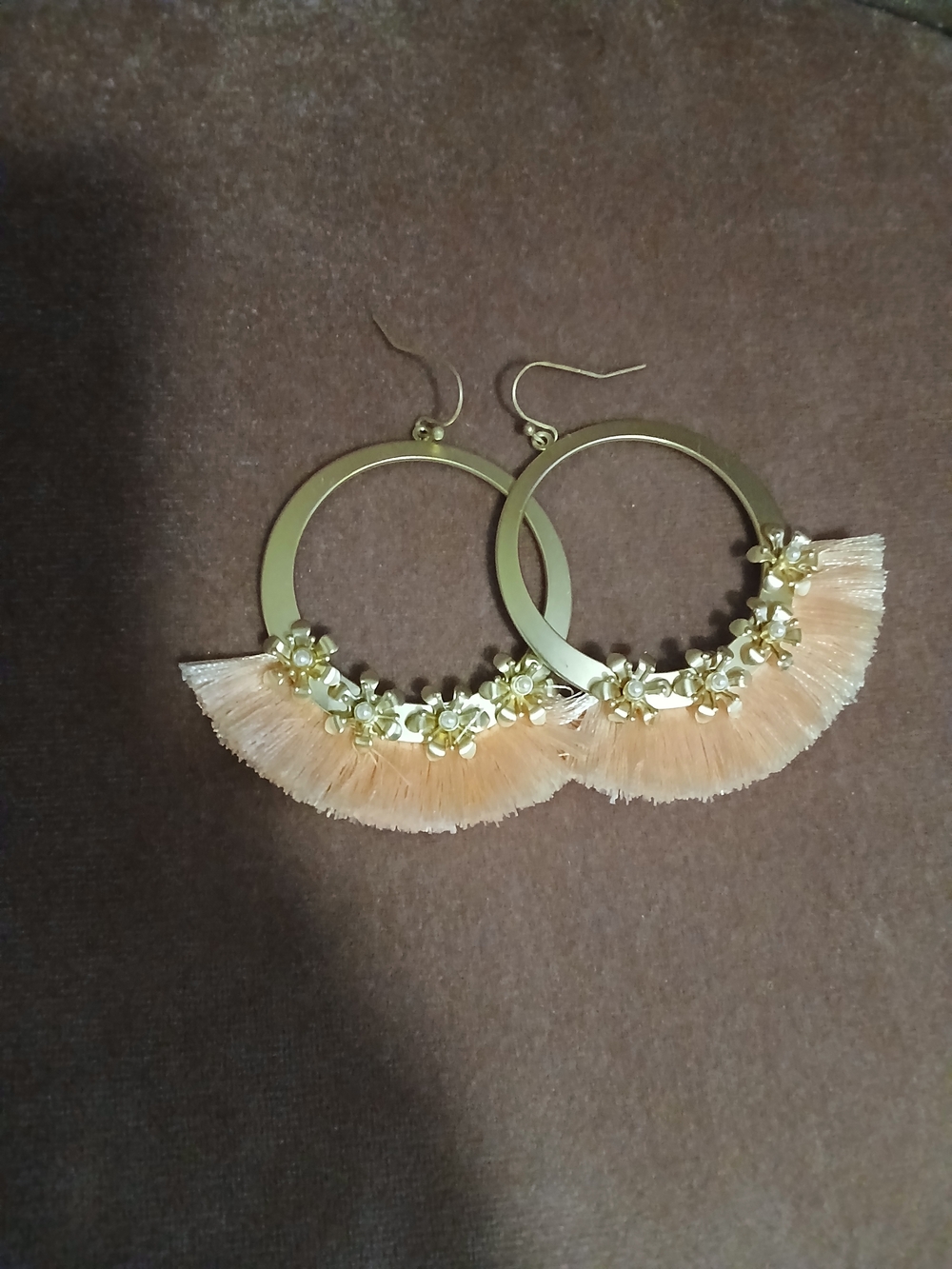 Gold Hoop Fringe Earrings with Pink Tassel and Floral Accents